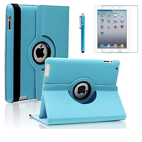 AiSMei Case for iPad 4 (2012), iPad 3 (2012), iPad 2 (2011), Rotating Stand Case Cover for Apple iPad 2, iPad 3, iPad 4 [Bonus Film Stylus] Light Blue