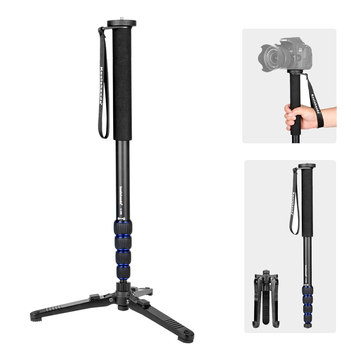Koolehaoda Monopod, Aluminium 5-Section Camera Monopod with Folding Support Base, 168cm Max Height, 7kg Max Payload, 1/4” & 3/8” Screw Mount for DSLR Camera, Black+Blue