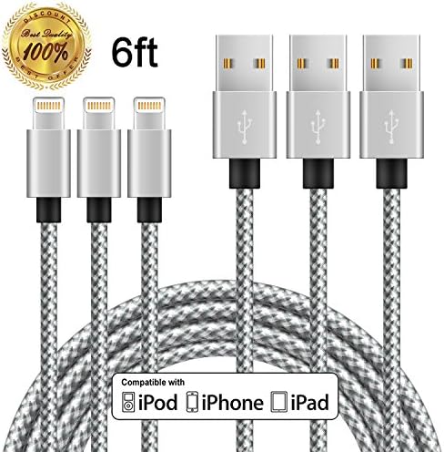 Wbspo 3 Pack 6FT Ultra Long Charger Cable Nylon Braided USB Charging Cord for Apple iPhone 7/7 Plus/6s/6s Plus/6/6 Plus/5s/5/se, iPad Pro, iPad Air, iPad Mini (Silver Gray)
