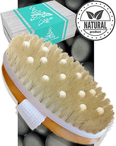 Dry Brushing Body Brush Cellulite Massager - Exfoliating Bath & Spa Scrubber for Shower with Natural Boar Bristles - Scrub Away Dead Skin and Toxins, Stimulate Lymphatic System