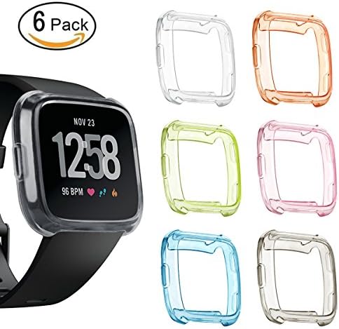 Yavive Fitbit Versa Soft TPU Cover Case,Accessories Protective Case Frame Cover Shell for Fitbit Versa Smart Fitness Watch Clear Black Tangerine Blue Lime Pink (Set-1)