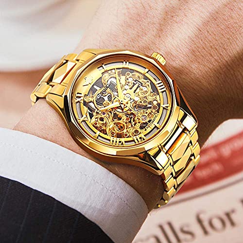 Men Skeleton Watch Automatic Mechanical Gold Watch Face Self Winding