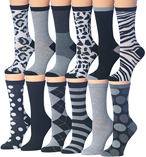 Tipi Toe Ladies Women's 12 Pairs Snowflake Monochrome Animal Fashion Winter Crew Socks, (sock size 9-11) Fits shoe size 5-9, WC37-AB