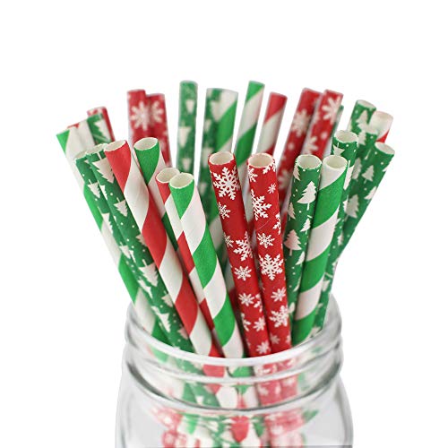 Christmas Paper Straws - Red Green Striped, Christmas Tree, Red Snowflake - 100 count 7.75 inches - Cake Pop Paper Sticks for Christmas, New Year, Thanksgiving, Celebration Table Decoration