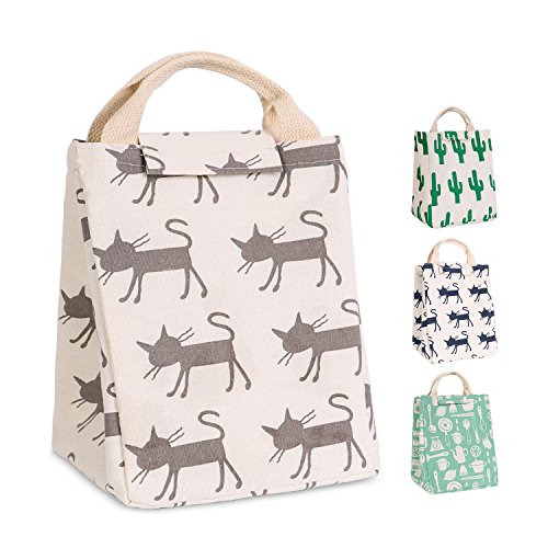 HOMESPON Reusable Lunch Bags Printed Canvas Fabric with Insulated Waterproof Aluminum Foil, Lunch Box Tote Handbag for Women, Kids, Students (Grey Cat)