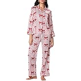 NUFIWI Womens Christmas Satin Pajamas Set Long Sleeve Silk Button Down Shirt and Pants 2 Piece Pj Sets Xmas Loungewear