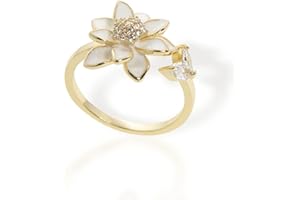 Sonateomber Spring Flower Adjustable Open Gold Ring for Women - Trendy Elegant Unique Cubic Zirconia Enamel Front Open Floral Leaf Easter Jewelry Gift