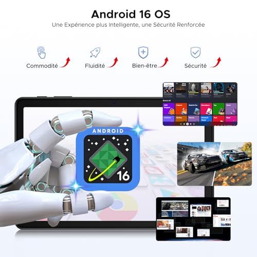 P10 Tablet 10 Inch Android, Android 16 Tablets with Gemini AI, 48GB RAM+128GB ROM, 7000mAh, Unisoc T310 Quad-Core, 90Hz, 8MP+5MP, WiFi 5, Dual Speakers, Face ID, Tablet with Keyboard, Pencil, Black