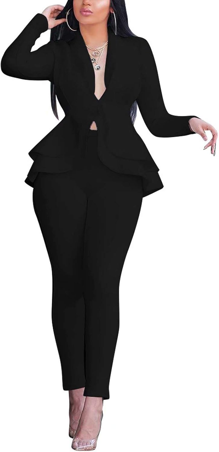 Womens Two Piece Outfits-Sexy V Neck Blazer with Skinny Long Pants Slim Fit Ruffle Pelplum Business Suit Sets