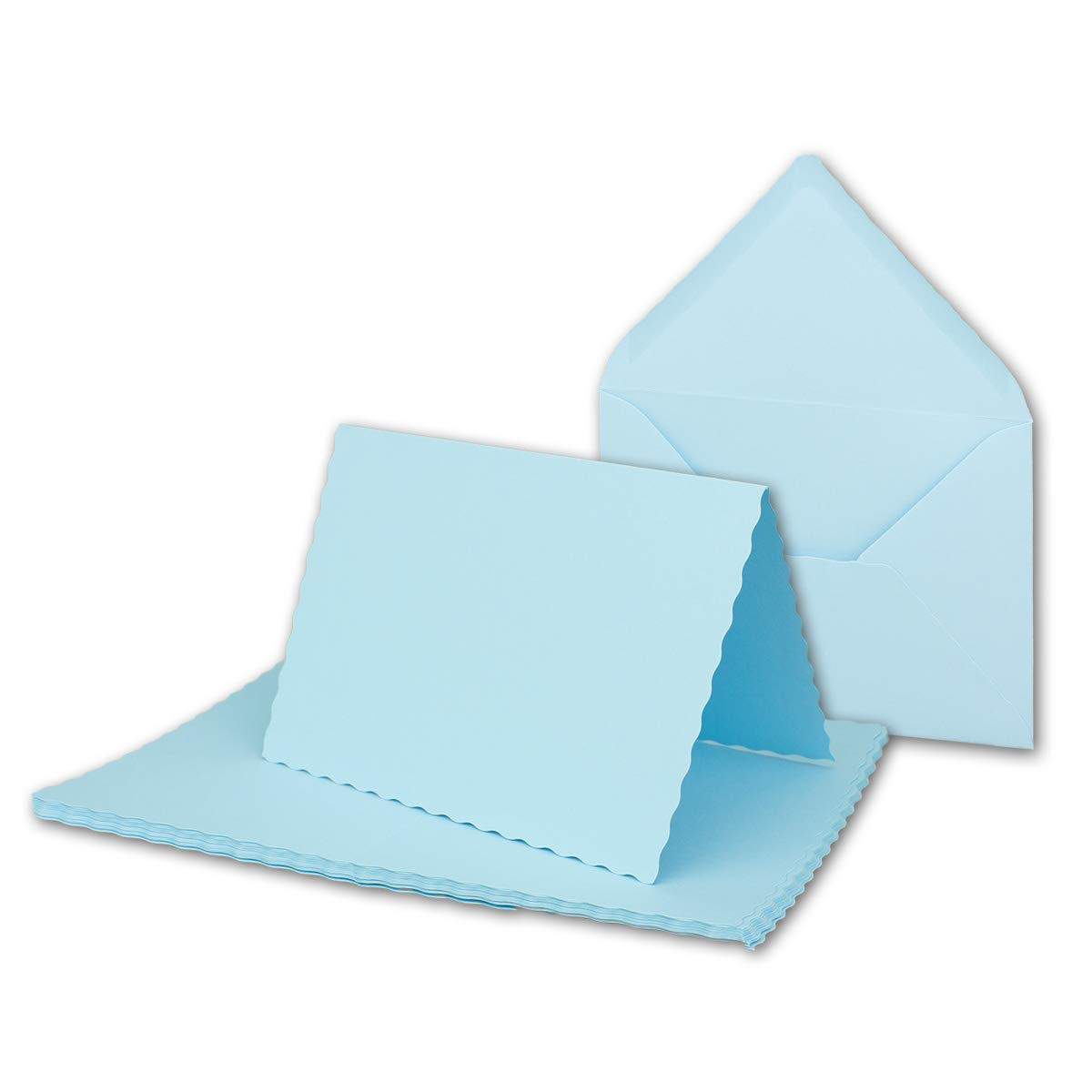 25x folding card set DIN A6 with DIN C6 envelopes - wavy punched Edge - light blue - 10.5 x 14.8 cm - wave cut card sets