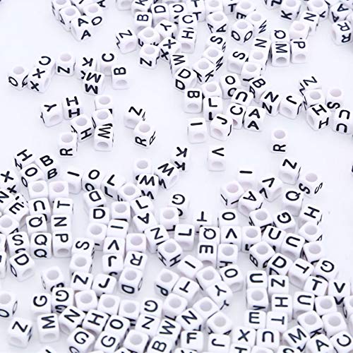Letter beads alphabet beads for kids kandi beads for jewelry making supplies 600Pcs white acrylic alphabet letter A-Z cube beads for bracelets necklace key chains and kids jewelry elastic stretch cord