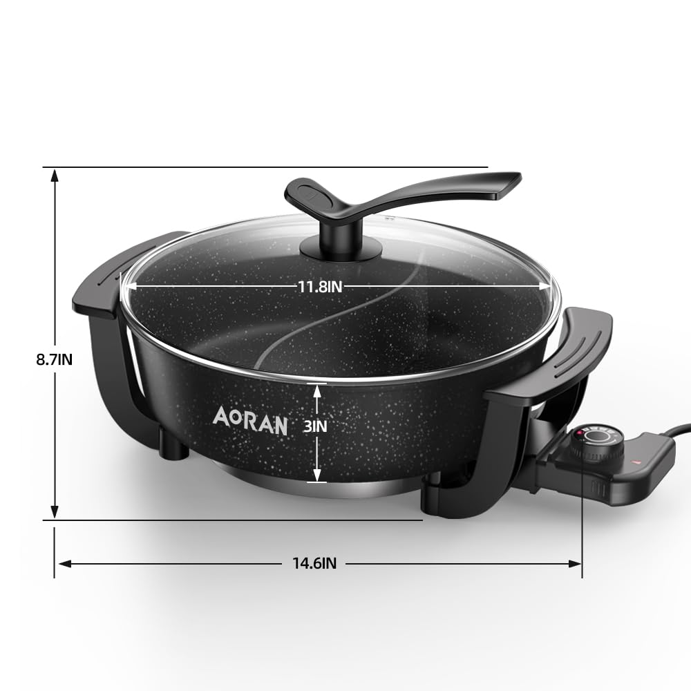 AORAN 6L Electric Hot Pot, Non-Stick Smokeless Cooking Pot with Divider for Hot Pot, Fondue, Shabu Shabu, Multi-Function, Includes Ladle, Tongs, Oil Brush, Food Tongs, Easy to Clean Black