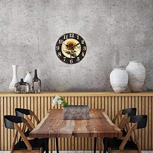 12 Inch Sunflower Kitchen Wall Clock Rustic Farmhouse Clocks, Thick Wood Home Decor Clock for Bedroom, Office, Dinning Room, Silent Battery Operated (Black)