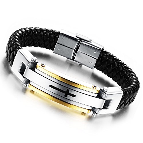 Cupimatch Men's Solid Stainless Steel Braided Religious Cross Leather Bracelet, 8.5” - Thumbnail 6