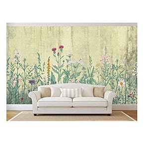 Large Wall Mural - Retro Style Flowers and Plants with Vintage Wall Background | Self-Adhesive Vinyl Wallpaper/Removable Modern Wall Decor - 66x96 inches