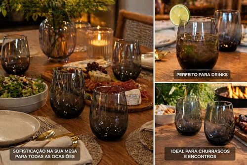 Jogo de Copos Long Drink Aruba 465ml Cinza Fumê em Vidro – Kit com 6 Peças Elegantes para Água, Suco e Drinks