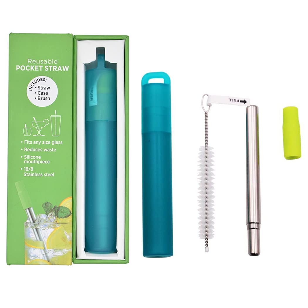 Hoshen Reusable Stainless Steel Telescopic Straw, Portable Straw, with Silicone Nozzle and Cleaning Brush (Original Box), Green，1 Piece