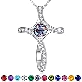 Iefil Cross Necklaces for Women - 925 Sterling Silver Cross Birthstone Necklace, Jewelry Gifts for Women Wife Mom Girlfriend