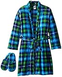 Too Cool 2 Sleep Boys' Plush Plaid Bathrobe and Slipper Gift Set, Navy, 2T