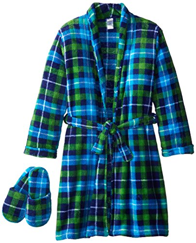 Too Cool 2 Sleep Boys' Plush Plaid Bathrobe and Slipper Gift Set, Navy, 2T