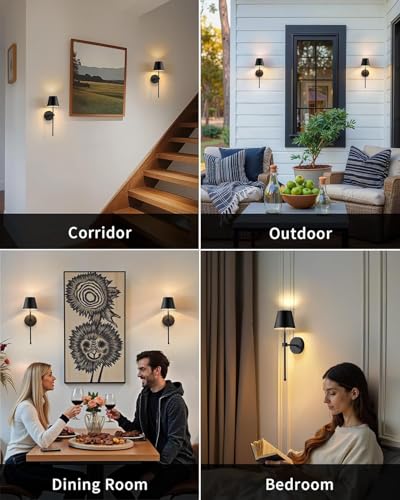 Battery Operated Wall Sconce, Black Rechargeable Wall Lights with Remote, Wireless Sconces Battery Powered Lamp for Bedroom, Living Room, Hallway, Bathroom, Set of 2