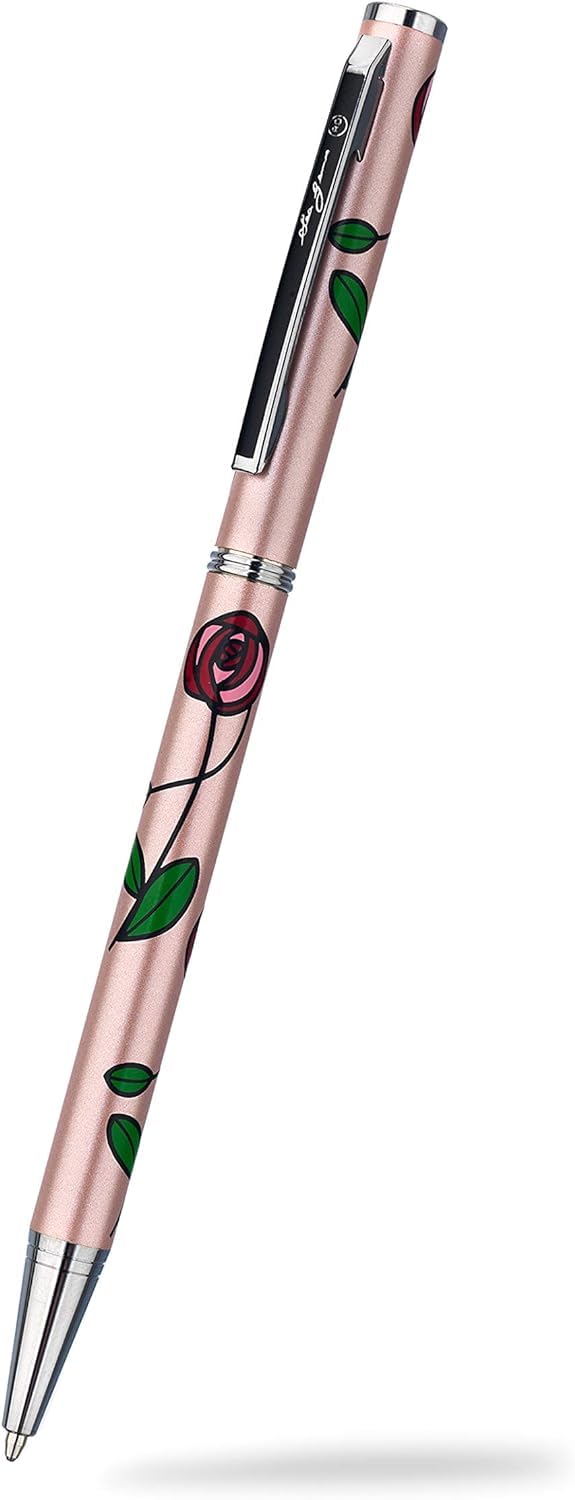 Womans Slimline Ballpoint Pen With Mackintosh Rose Pattern In Pearlised Rose Pink