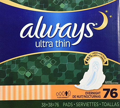 Always Ultra Thin Overnight Pads With Wings, Unscented, 76 Count