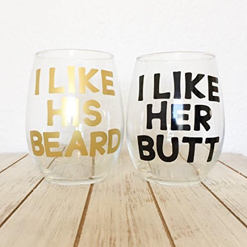 I Like His Beard I Like Her Butt Wine Glasses - Newly Wed Gift - Beard Butt Cups - Wedding Gifts For Couple - Gifts For Him - Funny Wine Glass - 21oz Large Stemless
