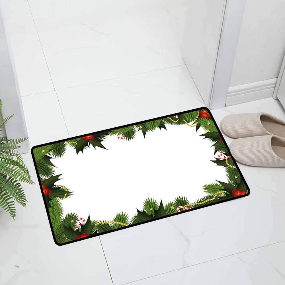 New Year Indoor Outdoor Entrance Door Mat Holiday Doormat Frame Garland Mistletoes Candy Canes and Chain on Fir Tree Motif for Entry and High Traffic Areas, 23.5 x 15.5 inch Green Red
