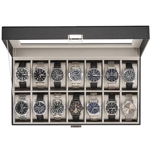 ProCase Watch Case for Men, 14 Slot Mens Watch Box Holder Organizer with Glass Lid, Watches Display Case Birthday Christmas Gifts for Men Women -14 Slot, Black