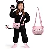 ANPHILE Black Cat Costumes for Girls, Kids Onesie Costume with Cute Kitty Purse Bag, Halloween Costumes for Girls
