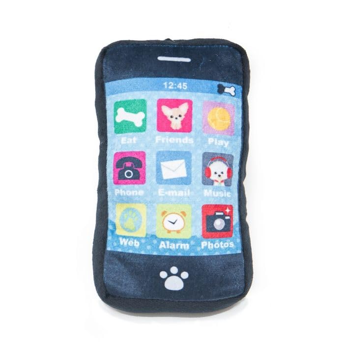 PetLondon Smart Phone Soft Plush Puppy Dog Toy iBone, 6" Realistic Dog Toy Phone Shape Black Plush London