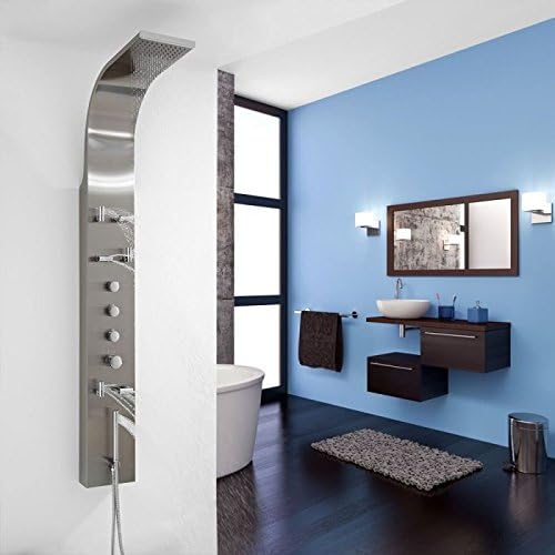 Hudson Reed Thermostatic Shower Panel Multifunction Massage Column With Integrated Rain Head Pencil Handspray & 6 Slim Body Spa Jets - Complete Tower Faucet Stainless Steel Modern Design