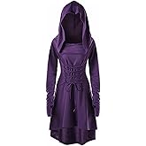 Cicy Bell Womens Renaissance Costumes Hooded Robe Halloween Lace Up Hoodie Dress Vintage High Low Medieval Cloak