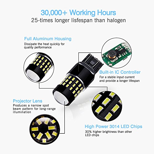 AUTOGINE 4 X 1000 Lumens Super Bright 9-30V 7440 7441 7443 7444 992 LED Bulbs 3014 54-EX Chipsets with Projector for Back Up Reverse Lights DRL Turn Signal Lights Tail Brake Lights, Xenon White - Thumbnail 3