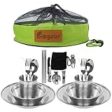 Bisgear 13-34pcs Stainless Steel Tableware Mess Kit Includes Plate Bowl Cup Spoon Fork Knife Chopsticks Carabiner Wine Opener Dishcloth & Mesh Travel Bag for Backpacking & Camping