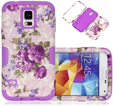 S5 Case, Galaxy S5 Case, CexCob Vintage Flowers [Shockproof] 3 in 1 Hybrid Silicone TPU &amp; Hard Plastic Rugged Heavy Duty Combo High Impact Durable Phone Case for Samsung Galaxy S5, Purple