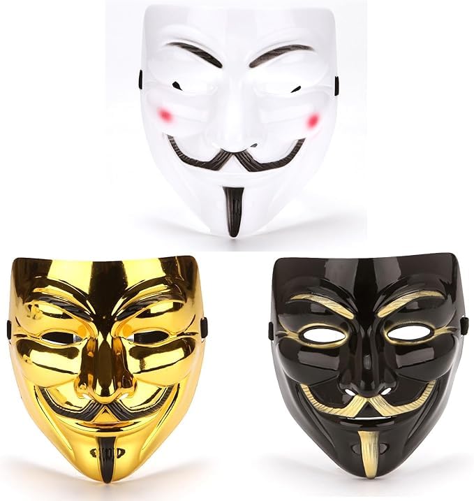 AKORD Pack of 3 V for Vendetta Anonymous Guy Fawkes Halloween Masquerade Masks, Unisex-Adult, White, Black, Gold, One Size
