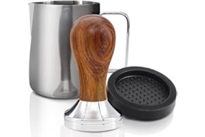 KYONANO Espresso Tamper 51mm - Coffee Tamper with Dalbergia Odorifera Handle - Espresso Press Hand Tamp PLUS Free Milk Frothing Pitcher 12oz/350ml, Silicone Tamper Mat - Fits 51mm Delonghi Portafilter