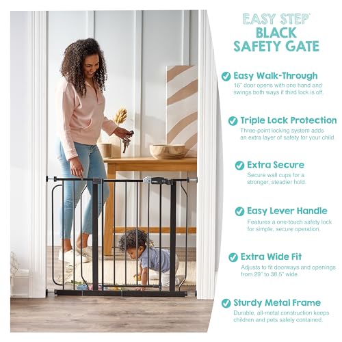 Regalo Safety Easy Step Baby Gate for Doorways & Bottom of Stairs, Fits Openings 29-37.6" (Extension Included) Pressure Mounted for Babies, Toddlers & Pets, Black