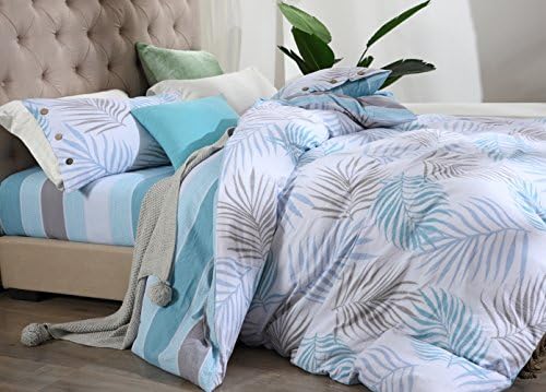 Desilife Home Reversible Botanical Floral Print Bedding - 100% Washed Cotton Duvet Cover King (1 Zipper Comforter Cover, 2 Button Pillowcases) - Hypoallergenic Breathable Quilt Case Stripes Leaves