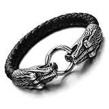 Stainless Steel Mens Dragon Bangle Bracelet Genuine Braided Leather Wristband Silver Black Two-tone