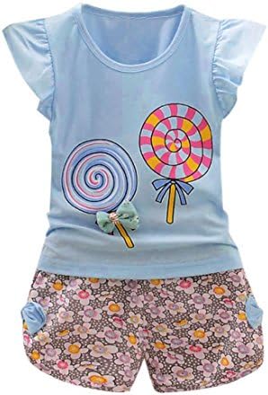 SanCanSn 2PCS Toddler Kids Baby Girls Outfits Lolly T-Shirt Tops+Short Pants Clothes Set (3/4T=110, Light Blue)