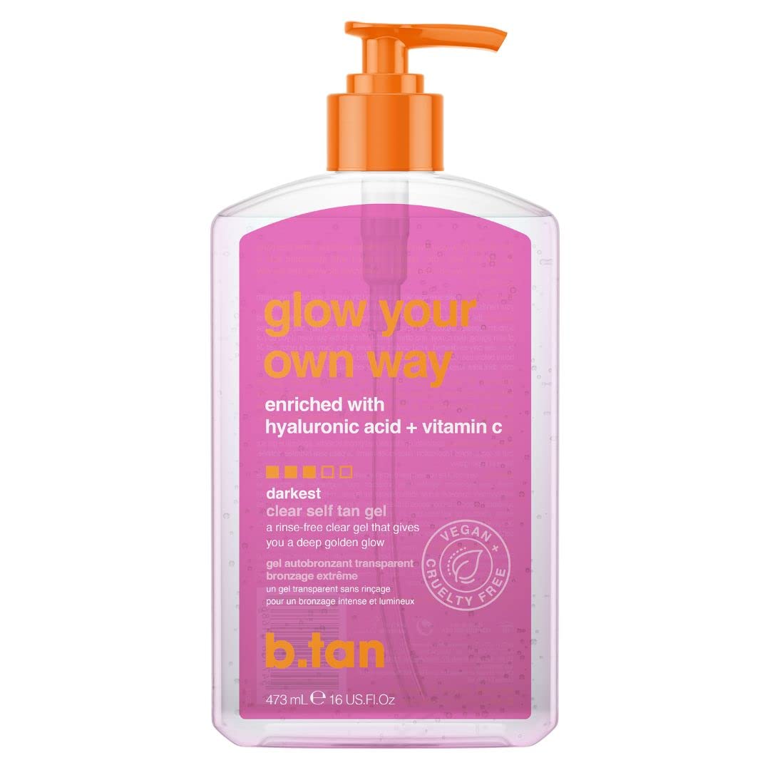 b.tan Clear Self Tanning Gel | Glow Your Own Way - Best Transfer-Resistant, Express, Dark Fake Tan Lotion, Use less for a Gradual Bronze or More for an Instant Glow, Hydrating Moisturiser, 437ml