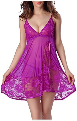 Women's Sexy Babydoll Lingerie Set Sleepwear Halter Babydoll G-String Miniskirt (XL, Purple)