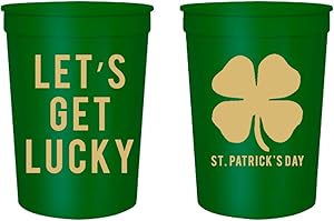 Let's Get Lucky Party Cups - St Patty's Day Party Stadium Cups, 16oz - Set of 12 - Perfect for St Pattys Day Party - St Patrick's Day Accessories (Green)