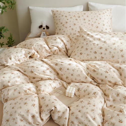 Tospass Bettwäsche 220x240 Baumwolle Beige Khaki Blumen Bettwäsche Set