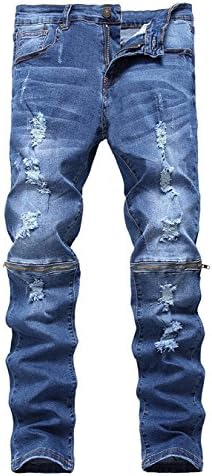 Men’s Slim Fit Pencil Pants Vintage Zipper Denim Distressed Stretch Ripped Jeans (30, Blue)