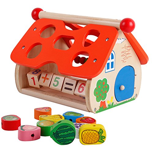 Wooden Preschool Fruit Shape Blocks Sorter Arithmetic Learning Lacing Bead Games Educational Toys for Kids Toddlers