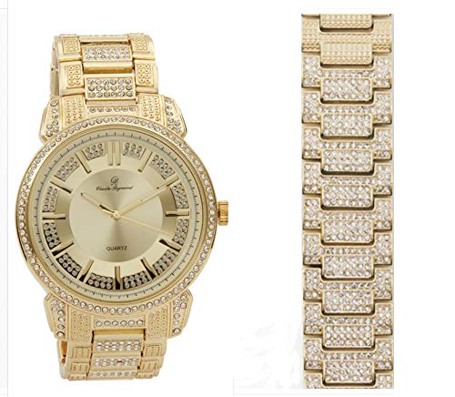 Bling Bling Mens Hip Hop with Class Watch and Matching Bracelet in Elegant Gift Box - 8479B Gold